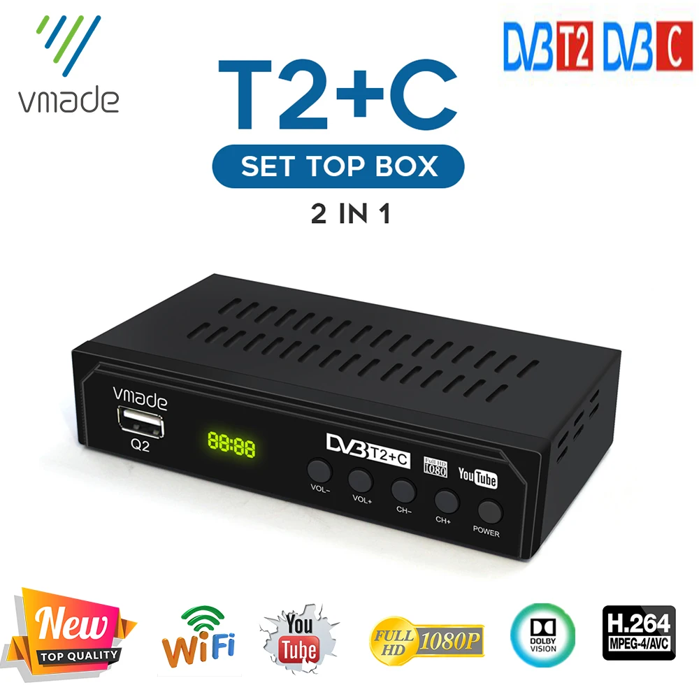 Горячая Распродажа в России DVB T2 + C ТВ приемник H.264 Поддержка Youtube с USB WI FI Q2 тюнер