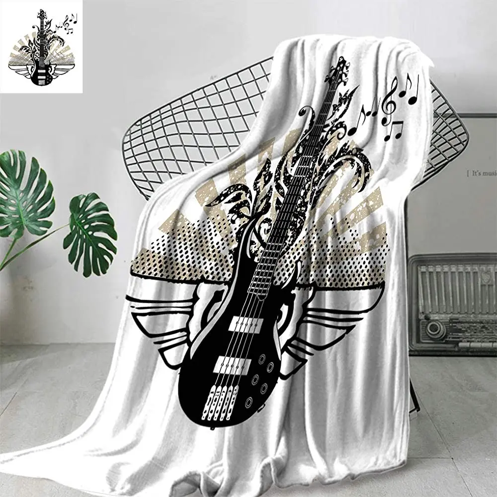 

Daniohome Guitar Fleece Blankets, Geometrical Elements Stripes Swirls Dots Lines and Musical Notes Rock and Roll Blanket for Bed
