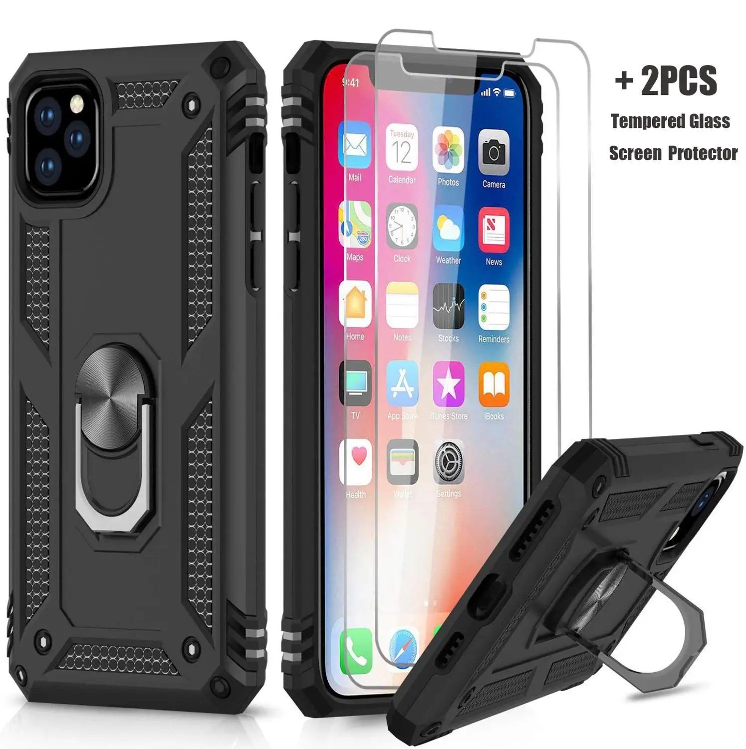 2020 чехол для iPhone 12 Pro Max Mini с подставкой и кольцом iPhone11 Xr X Xs 8 7 6 Plus + 2 шт закаленное