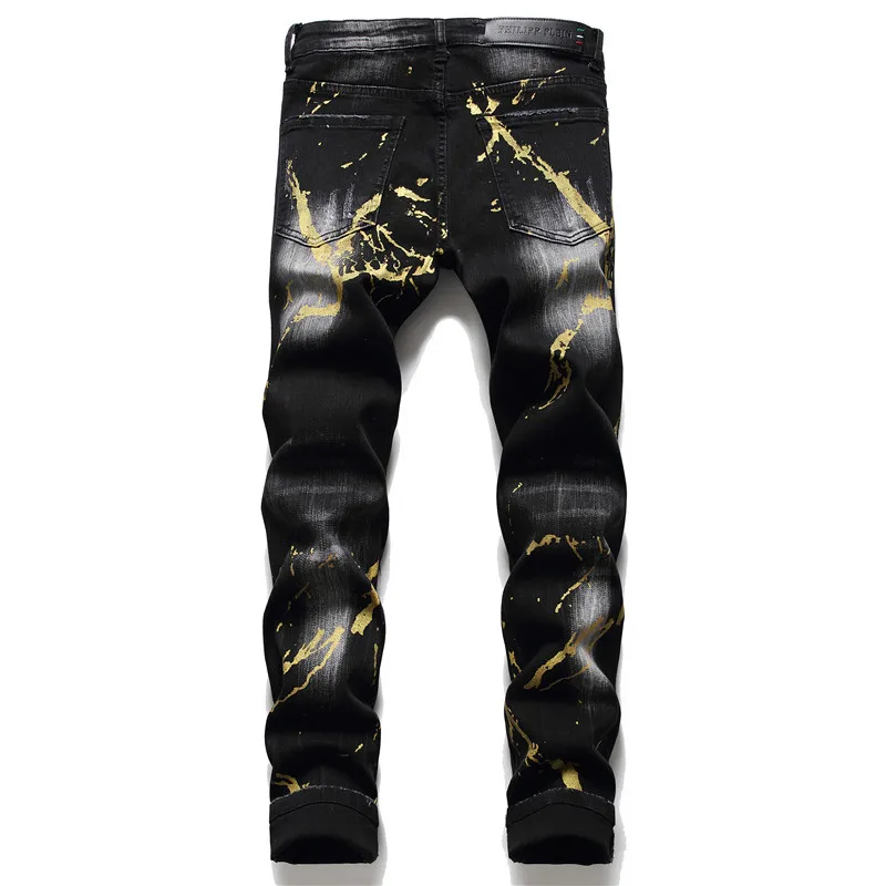 

2021Fall Winter New Tattered Men's Slim PP Wash Ripped Jeans Black Paint Splash Tight Stretch Fashion Male Trousers