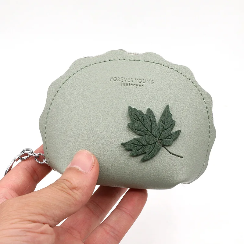 Cute Lovely Coins Purse for Women Maple Leaf Embroidery Design Shell Shape PU Wallet Keychain Bag Zipper Femme Sac | Багаж и сумки