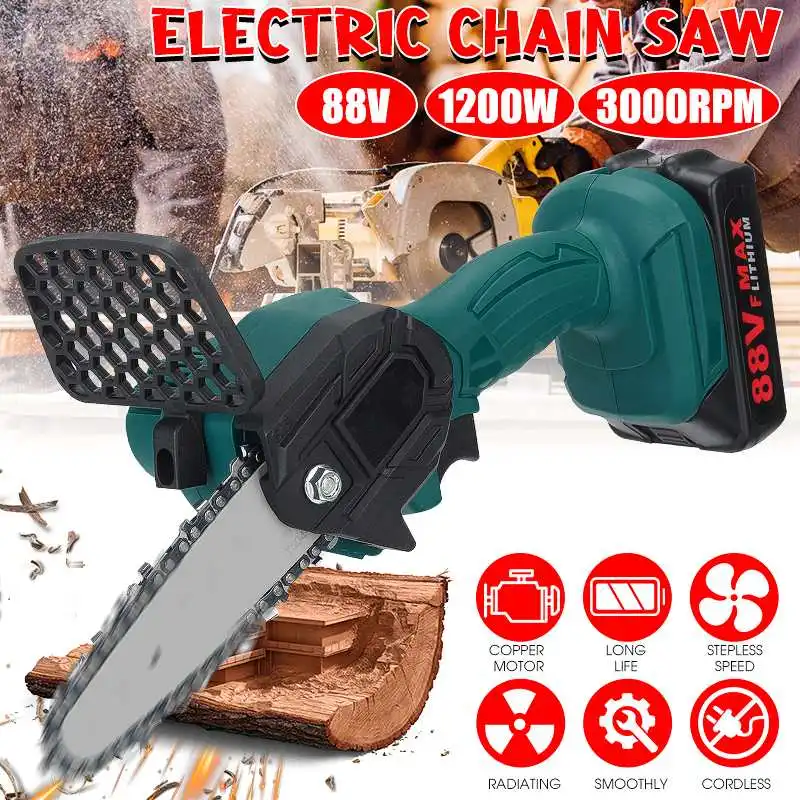 88V 1200W Mini Electric Chain Saw With 2Pcs Lithium Battery Rechargeable Woodworking Pruning Saw One-handed Garden Logging Tool
88V 1200W Mini Electric Chain Saw With 2Pcs Lithium Battery Rechargeable Woodworking Pruning Saw One-handed Garden Logging Tool