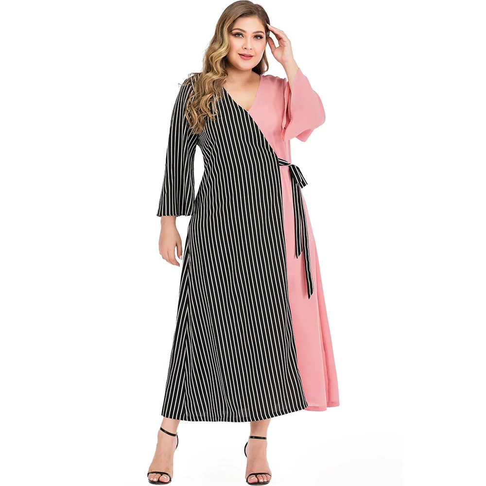 Plus Size Dress Women Long Sleeve Loose Long Beach Dress Plus Size Stripe Patchwork Sashes Contrast Color Elegant Dress Vestidos
Plus Size Dress Women Long Sleeve Loose Long Beach Dress Plus Size Stripe Patchwork Sashes Contrast Color Elegant Dress Vestidos