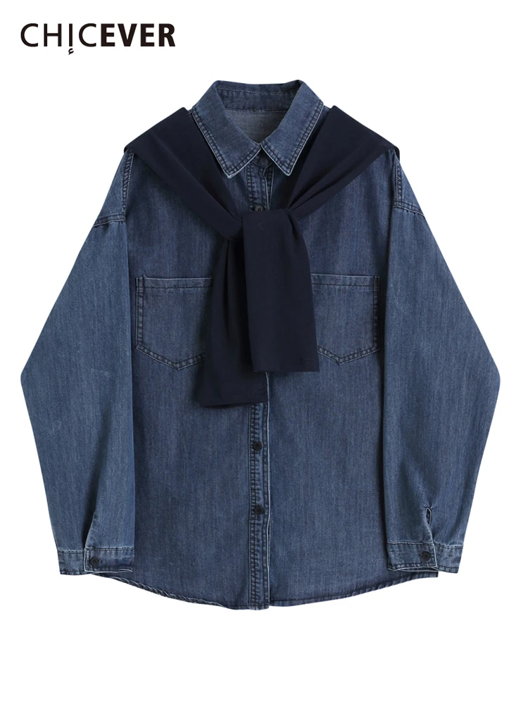 Женская однобортная Джинсовая блузка с отложным воротником и длинным рукавом 
Женская однобортная Джинсовая блузка с отложным воротником и длинным рукавом