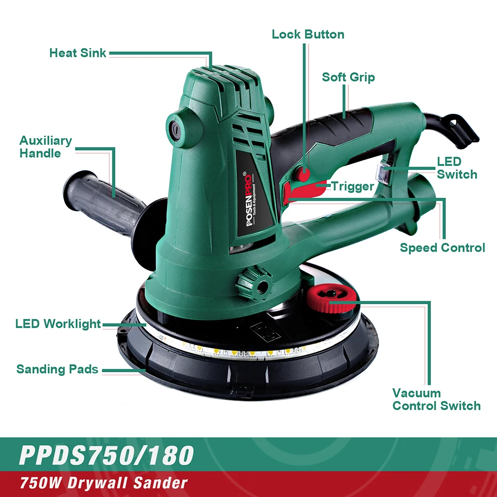 750W 180mm Dry Wall Sander Vacuum Polisher Variable Speed Handheld 6pcs Sanding Machine Dust Hose Paper LED Light | Инструменты