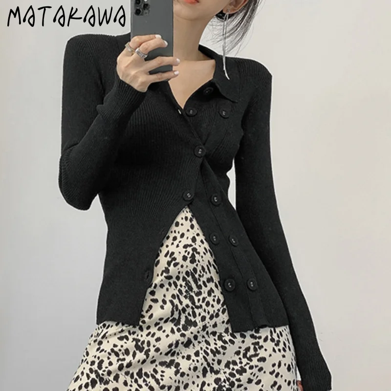 Вязаный кардиган Matakawa корейский модный двубортный женский свитер с отложным