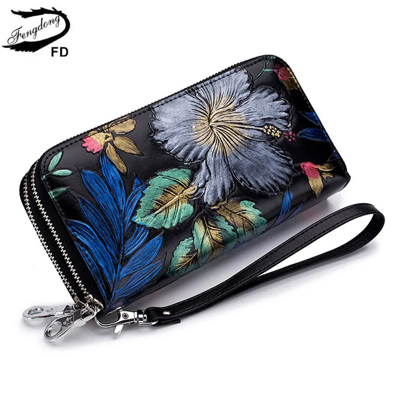 Женский винтажный кошелек Fengdong черный для карт с цветочным принтом женский клатч