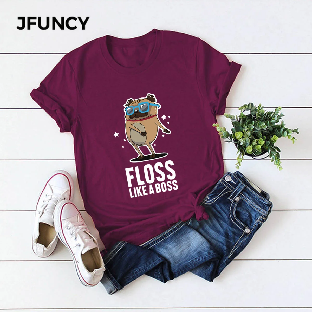 JFUNCY Summer 100% Cotton T shirts Female Casual Tshirt Unisex Plus Size Pug Dog Harajuku Graphic Tee Women Tops|Футболки| |