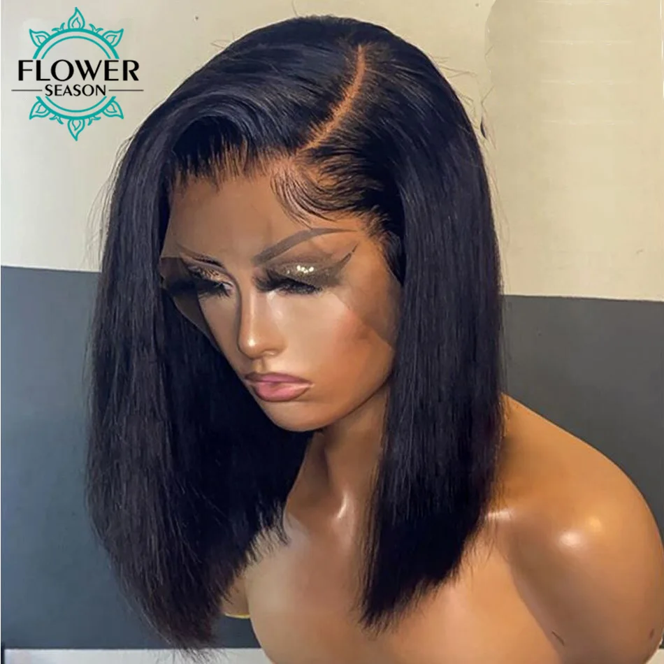 

Bob Human Hair Wig Brazilian 13x6 HD Lace Front Wigs 150Density Glueless Transparent lace Short Bob Wig PrePlucked Flowerseason