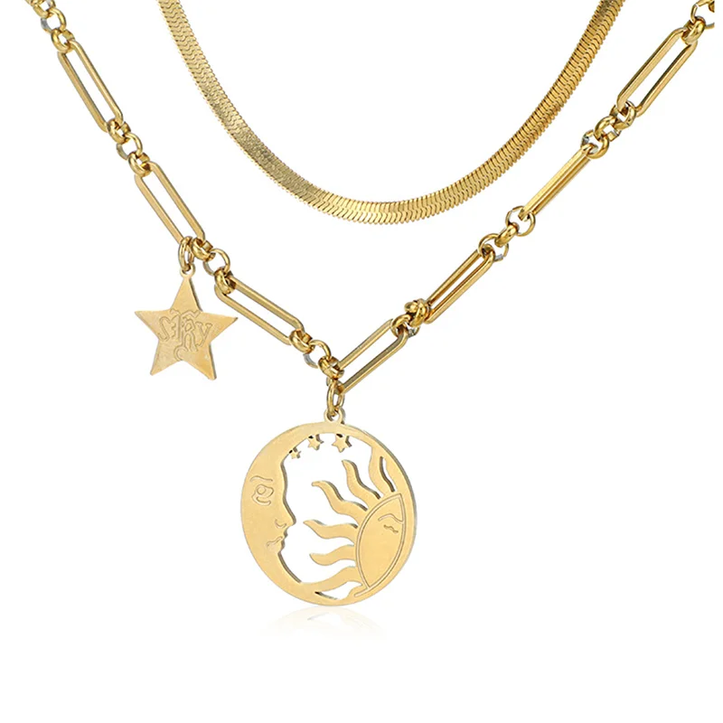 Double Layer Star Sun Pendant Necklaces Stainless Steel Stainless Steel Choker Golden Clavicle Chain Fashion Jewelry Accessory
Double Layer Star Sun Pendant Necklaces Stainless Steel Stainless Steel Choker Golden Clavicle Chain Fashion Jewelry Accessory