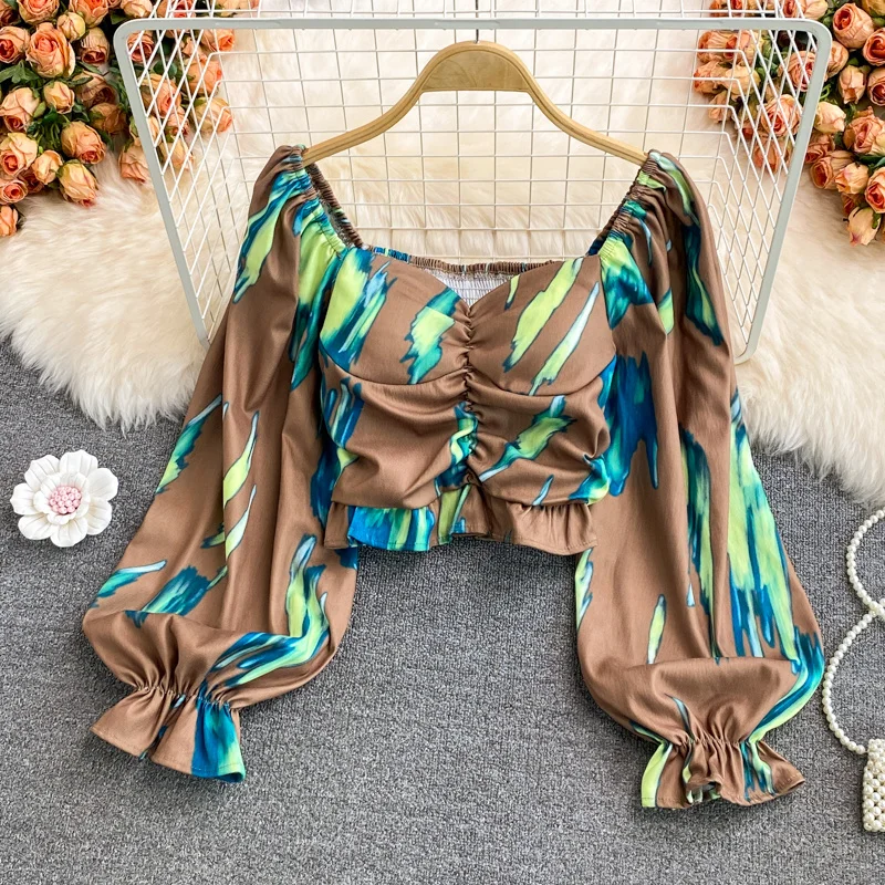 Sexy Square Collar Fold Exposed Collarbone Top Women Waist Closed Short Shirt Autumn 2022 Ink Tie Dyed Long Sleeve Blouse
Sexy Square Collar Fold Exposed Collarbone Top Women Waist Closed Short Shirt Autumn 2022 Ink Tie Dyed Long Sleeve Blouse