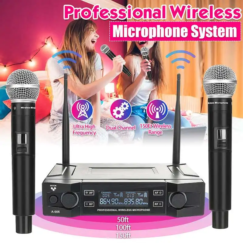 EPXCM A-666 UHF Wireless 2Ch Handheld Mic Cardioid Microphone System for Kraoke Speech Party
EPXCM A-666 UHF Wireless 2Ch Handheld Mic Cardioid Microphone System for Kraoke Speech Party