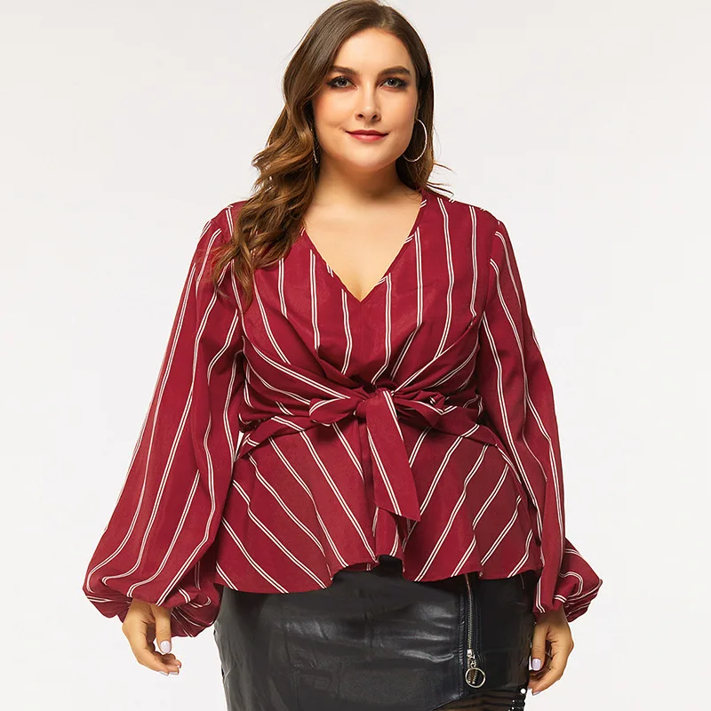 

Spring Autumn Tunic Ladies Tunics Plus Size Wine Red Shirt White Striped High Waist Bow Belted Lantern Sleeve Women's Clothing