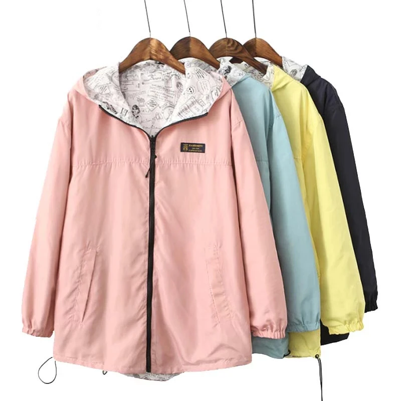 2021 New Spring Women Coat Pocket Zipper Design Hooded Two Side Wear Cartoon Print Candy Color Jacket Outwear Loose Plus Size
2021 New Spring Women Coat Pocket Zipper Design Hooded Two Side Wear Cartoon Print Candy Color Jacket Outwear Loose Plus Size