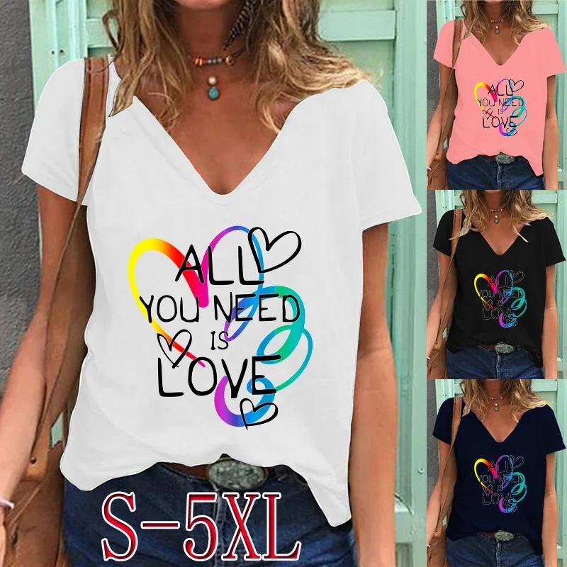 Summer Fashion Women's Clothing Heart Printed Casual T-shirt Short Sleeve V-Neck Tops Ladies Plus Size Solid Color Blouse
Summer Fashion Women's Clothing Heart Printed Casual T-shirt Short Sleeve V-Neck Tops Ladies Plus Size Solid Color Blouse