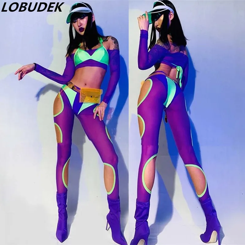 Фото Сексуальный прозрачный танцевальный костюм в стиле джаз хип-хоп фиолетовое