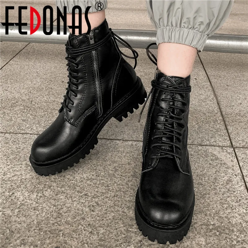 

FEDONAS Genuine Leather Women's Ankle Motorcycle Boots Vintage Retro Side Zipper Chunky High Heels Winter Snow Boots Shoes Woman