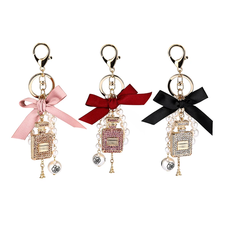 

Fashion Imitation Pearl Perfume Bottle Keychain Car Key Ring Holder Bag Charm Pendant Accessories Bow Keyfob Women Keyring