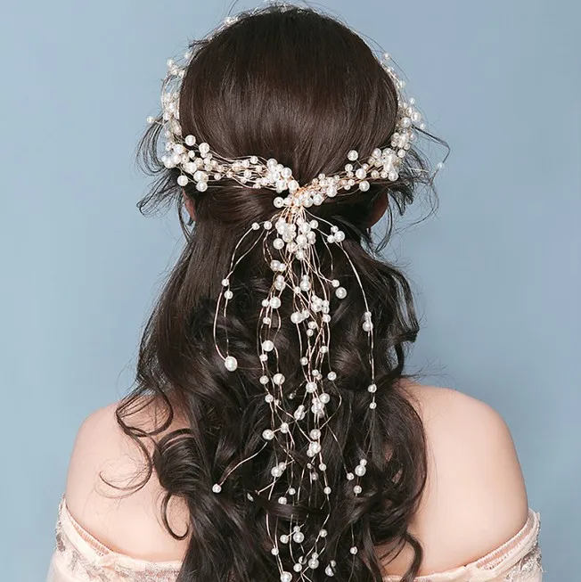 Фото Роскошные длинные золотые свадебные аксессуары для волос с имитацией жемчуга