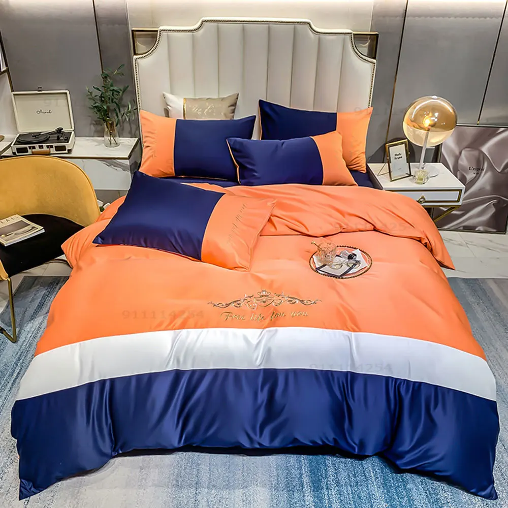 Orange solid color stripe embroidery queen size flat bed duvet cover set rayon satin polyester bedding set bedding set
Orange solid color stripe embroidery queen size flat bed duvet cover set rayon satin polyester bedding set bedding set