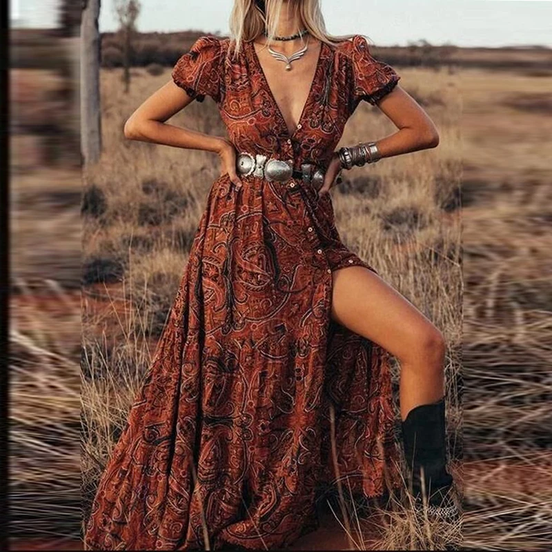 Sexy Deep V Neck Womens Long Party Dress Casual Short Sleeve Retro Print Split Floor Length Dress Ladies Summer Bohemian Dresses
Sexy Deep V Neck Womens Long Party Dress Casual Short Sleeve Retro Print Split Floor Length Dress Ladies Summer Bohemian Dresses