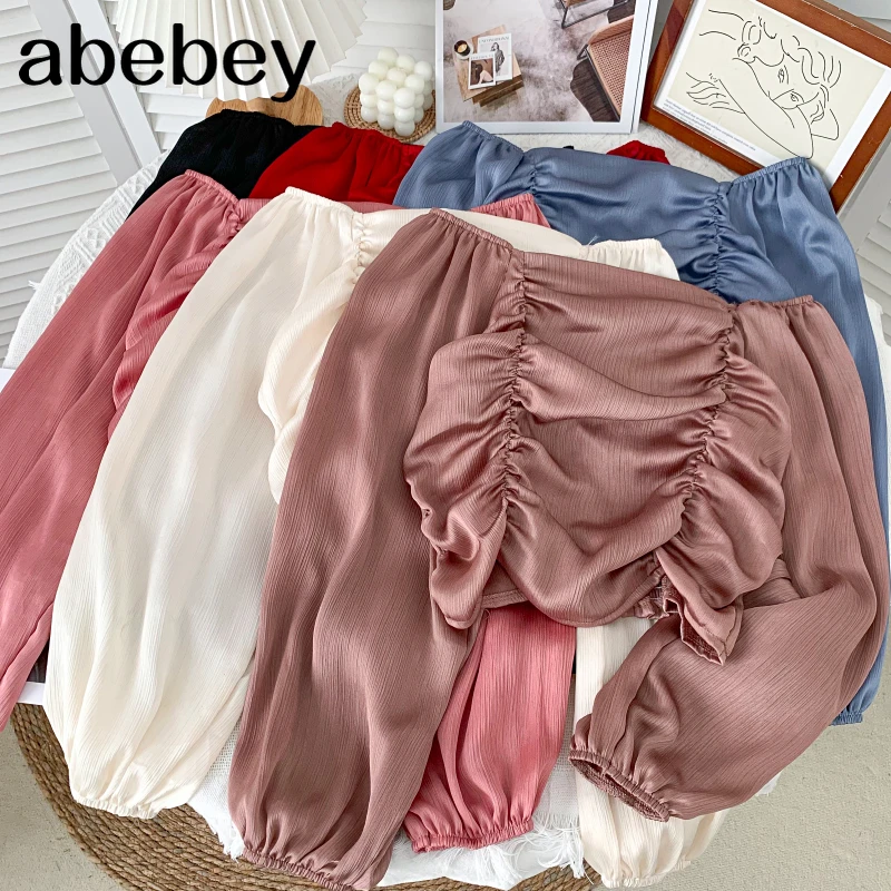 Sweet versatile slash neck long sleeve off shoulder Shirt high waist pleated solid color short Shirt Top 2021 New Spring Autumn
Sweet versatile slash neck long sleeve off shoulder Shirt high waist pleated solid color short Shirt Top 2021 New Spring Autumn