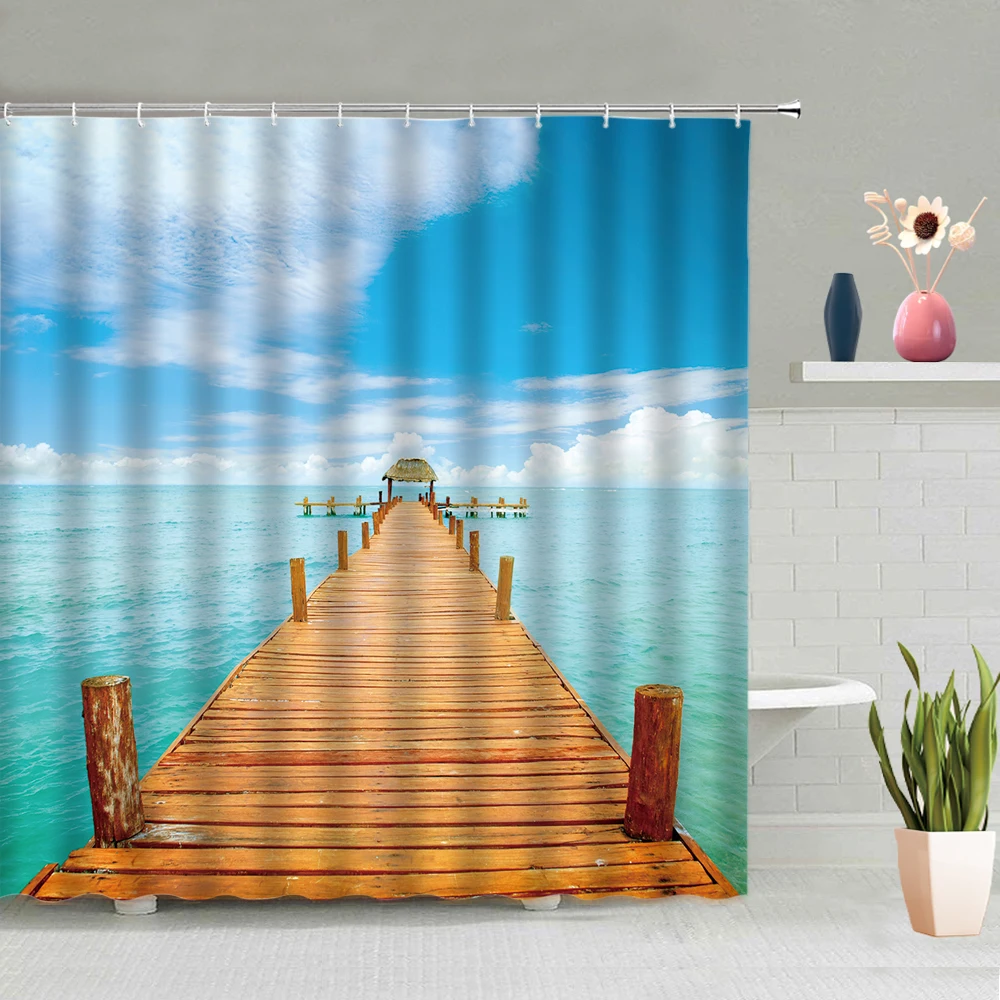 Summer Scenery Shower Curtain Sea Sun Lounger Wooden Bridge Pavilion Background Decoration Machine Washable Fabric With Hook Set 
Summer Scenery Shower Curtain Sea Sun Lounger Wooden Bridge Pavilion Background Decoration Machine Washable Fabric With Hook Set