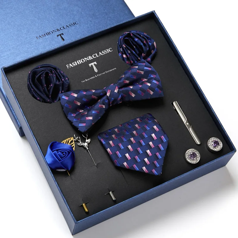 High Grade Packing Men Luxury Bowtie Set Men Wedding Neckties Pocket Square Cufflinks Lapel Pin Tie Clips Set
High Grade Packing Men Luxury Bowtie Set Men Wedding Neckties Pocket Square Cufflinks Lapel Pin Tie Clips Set
