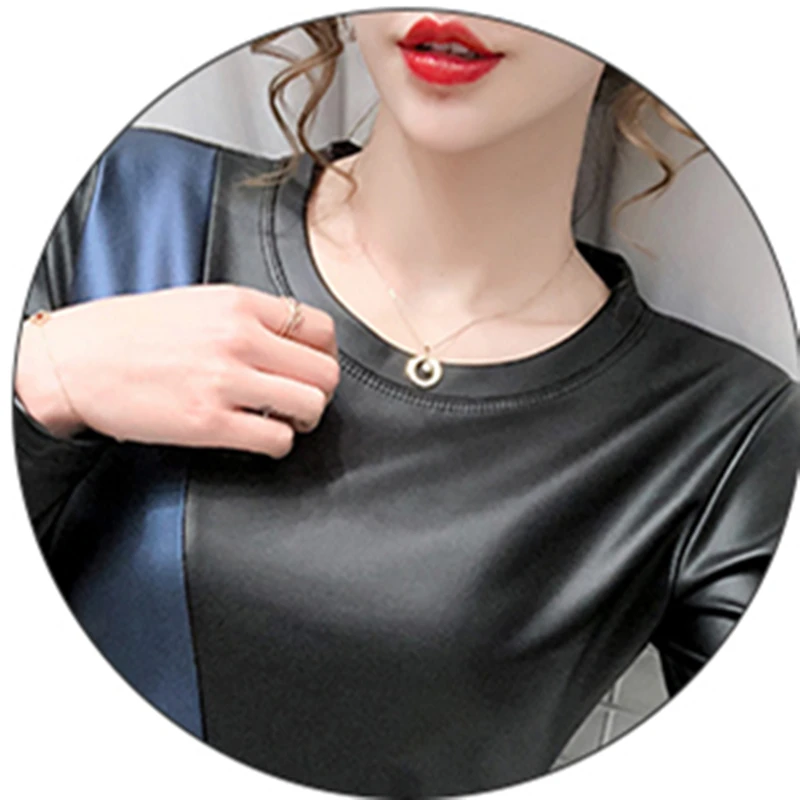 Fall Winter European Clothes Thick T-Shirt Women Sexy PU Faux Leather Tops With Fleece Girl Color Block Tees 2020 T0N404A
Fall Winter European Clothes Thick T-Shirt Women Sexy PU Faux Leather Tops With Fleece Girl Color Block Tees 2020 T0N404A