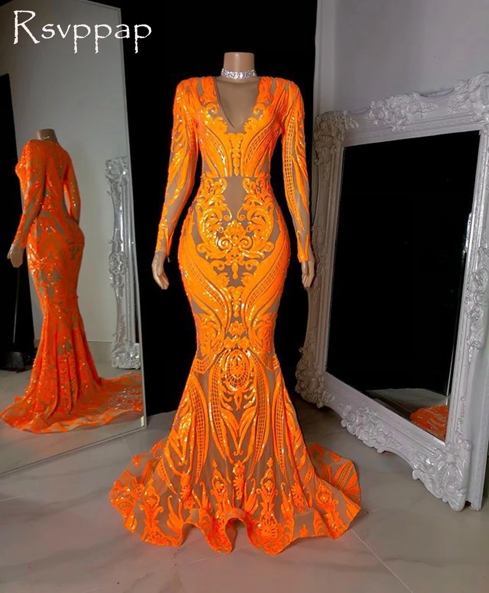 Sparkly Long Prom Dresses 2022 V-neck Long Sleeve Orange Sequined African Black Girls Mermaid Prom Dress
Sparkly Long Prom Dresses 2022 V-neck Long Sleeve Orange Sequined African Black Girls Mermaid Prom Dress