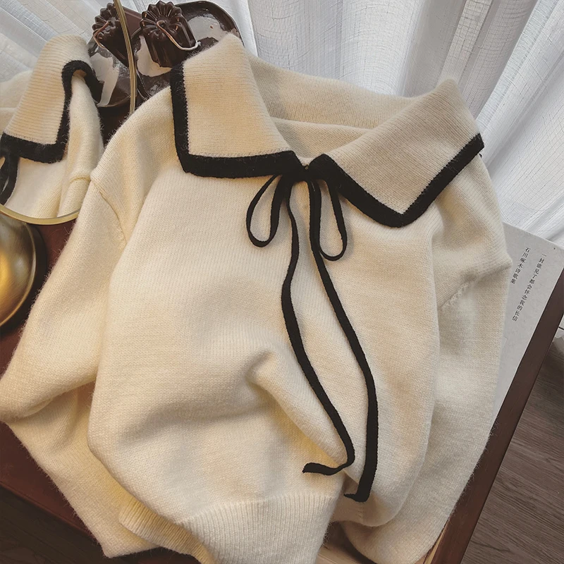 French Style Women's Knitted Tops Autumn Winter Sweet Peter Pan Collar Age Reduction All-Match Slim Lazy Style Soft Waxy Sweater
French Style Women's Knitted Tops Autumn Winter Sweet Peter Pan Collar Age Reduction All-Match Slim Lazy Style Soft Waxy Sweater