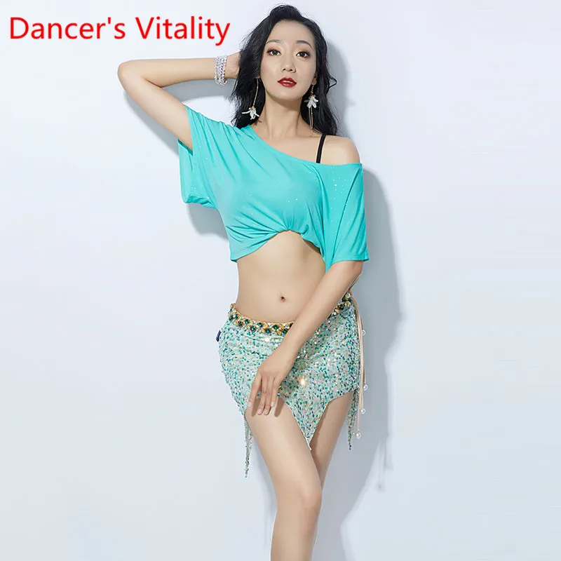 

Belly Dancer Sequined Short Skirt Suit Training Set Bling Short Sleeves Top 2pecie With Underwear Bellydance Outfit Oriental Dan