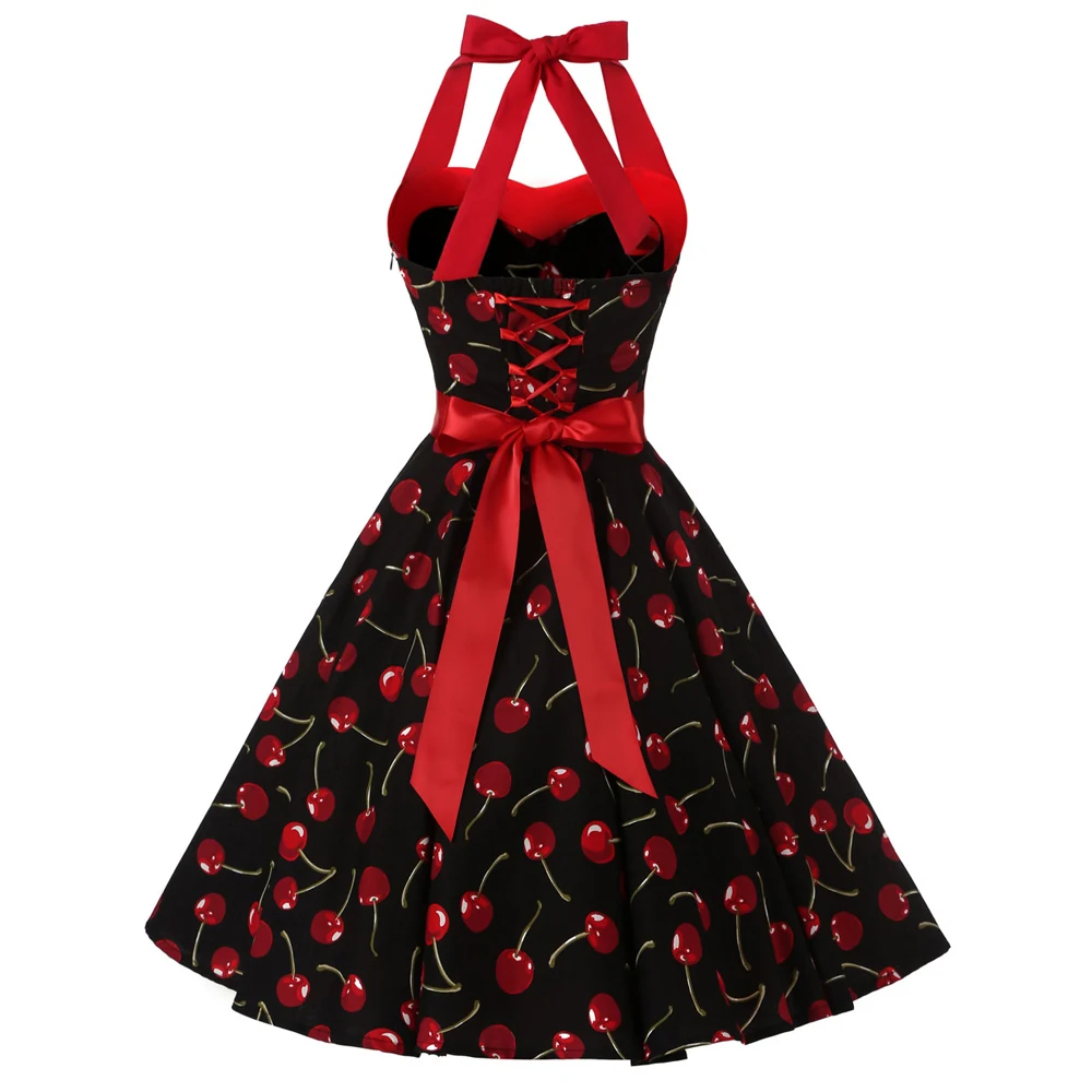 

Cherry Print Black White Halter Sexy Swing 50s Rockabilly Vintage Dress vestidos Plus Size Summer Dress 2021 VD0529