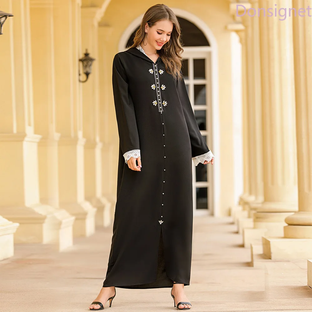 Мусульманское платье Donsignet женское кружевное длинное с капюшоном бриллиантами
