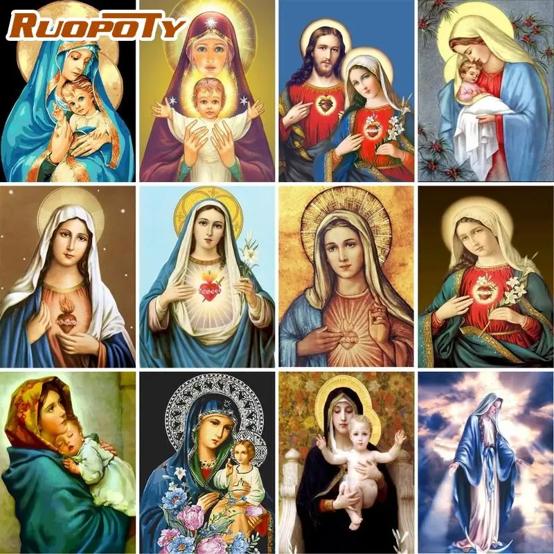 

RUOPOTY DIY Frame Painting By Numbers Kits The Virgin Mary Figure Picture By Number Hand Painted Acrylic Paint Home Decoration