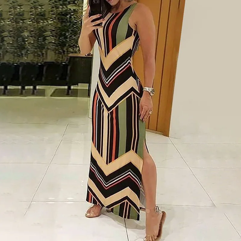 2021 Summer Colorful Striped Print Side Slit Maxi Dress Women Colorblock Sleeveless Slim Long Dresses
2021 Summer Colorful Striped Print Side Slit Maxi Dress Women Colorblock Sleeveless Slim Long Dresses