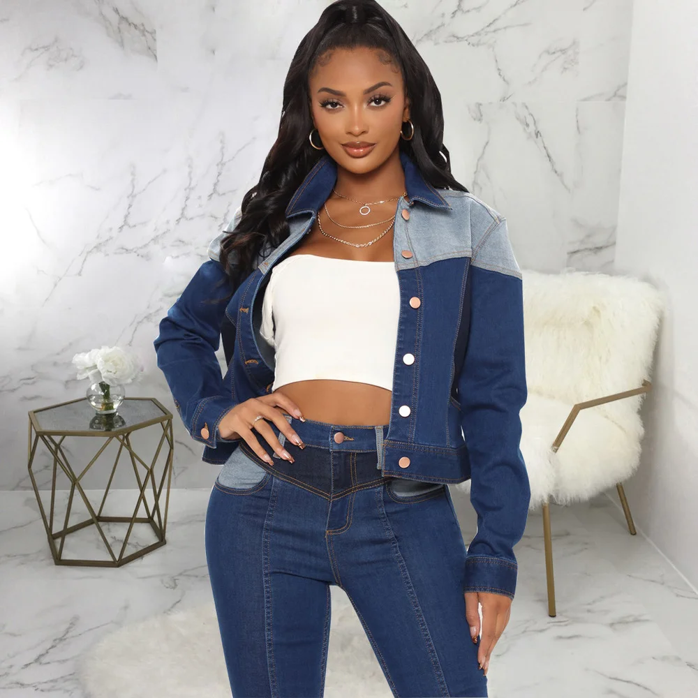 Contrast Color Patchwork Denim Cropped Coat Women Long Sleeve Turn Down Collar Jacket Early Autumn Single Breasted Outerwear
Contrast Color Patchwork Denim Cropped Coat Women Long Sleeve Turn Down Collar Jacket Early Autumn Single Breasted Outerwear