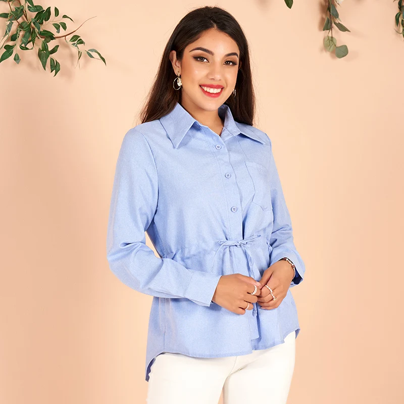 2022 New Spring Summer Women's Shirt Blue Drawstring Sashes Long Sleeve Lapel Blouses Formal Office Lady Buttons Tops 3XL 4XL
2022 New Spring Summer Women's Shirt Blue Drawstring Sashes Long Sleeve Lapel Blouses Formal Office Lady Buttons Tops 3XL 4XL