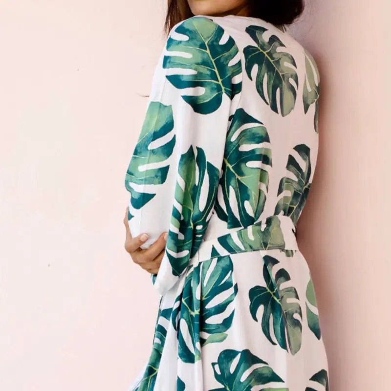 

Women Vacation Swimsuit Cover Up Green Tropical Leaves Open Front Kimono Cardigan Belted Irregular Curved Hem Beach Bath Robe