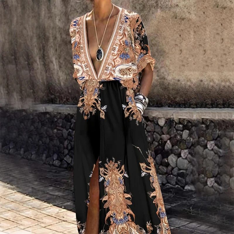 Vintage Pattern Printed Boho Long Dress Women Sexy Deep V Neck Split Maxi Dress Summer Short Sleeve Pocket Beach Dresses Vestido
Vintage Pattern Printed Boho Long Dress Women Sexy Deep V Neck Split Maxi Dress Summer Short Sleeve Pocket Beach Dresses Vestido