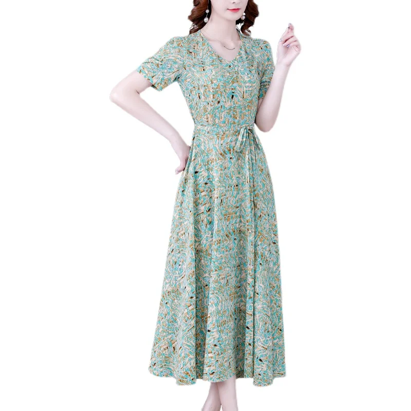 New Summer Women V-Neck Short Sleeve Drawstring Slim Big Hem Long Dress Elegant Vintage Floral Chiffon Dress
New Summer Women V-Neck Short Sleeve Drawstring Slim Big Hem Long Dress Elegant Vintage Floral Chiffon Dress