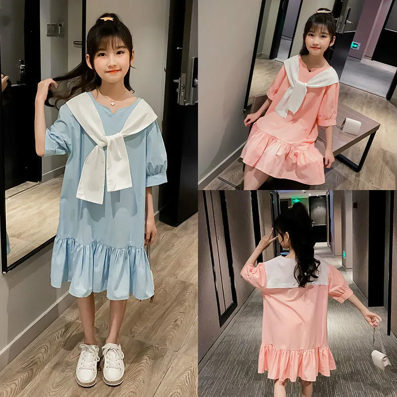 

2021 New Summer Girls Dresses Cute College style Lovely Short Sleeve Cotton Frocks Princess Dress children's Clothes 4 to 13 Yrs