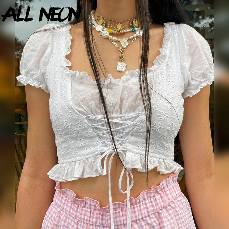 ALLNeon 2000s Fashion Kawaii Lace Up Ruffles Trim White Crop Tees Cute Y2K Streetwear Patchwork Puff Sleeve Milk Maid Tops Egirl
ALLNeon 2000s Fashion Kawaii Lace Up Ruffles Trim White Crop Tees Cute Y2K Streetwear Patchwork Puff Sleeve Milk Maid Tops Egirl
