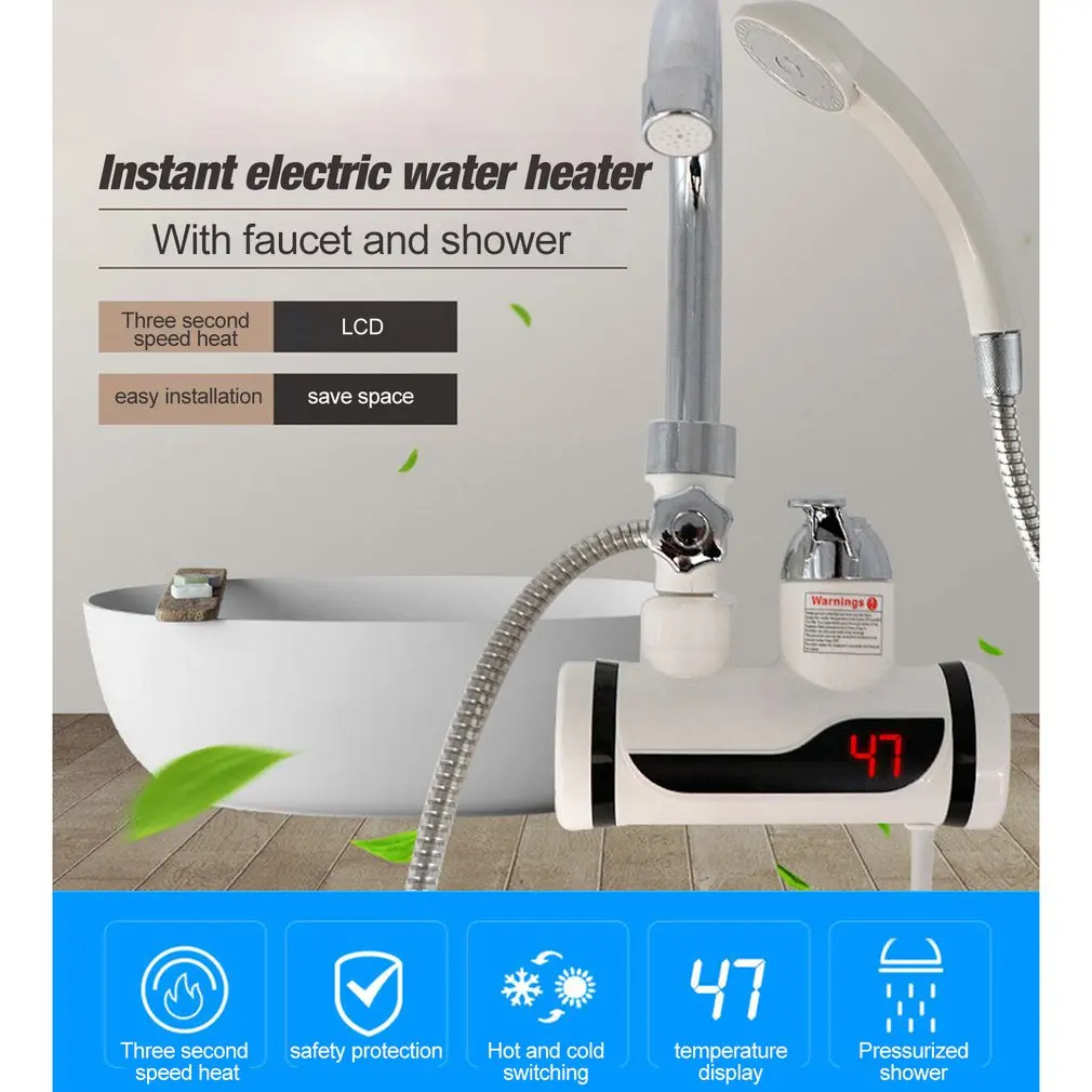 Temperature Display Instant Hot Water Tap Digital Electric Faucet Tankless Kitchen Instant Hot Faucet Water Heater with Shower
Temperature Display Instant Hot Water Tap Digital Electric Faucet Tankless Kitchen Instant Hot Faucet Water Heater with Shower