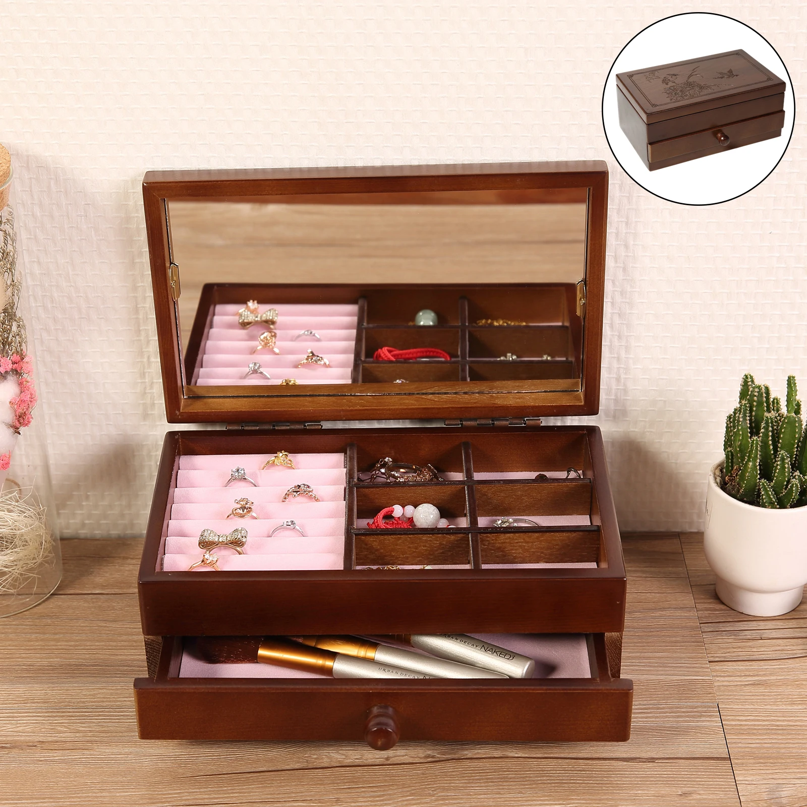 2-layer Wooden Jewelry Box Case Watch Ring Bracelet Organizer Container with Mirror
2-layer Wooden Jewelry Box Case Watch Ring Bracelet Organizer Container with Mirror