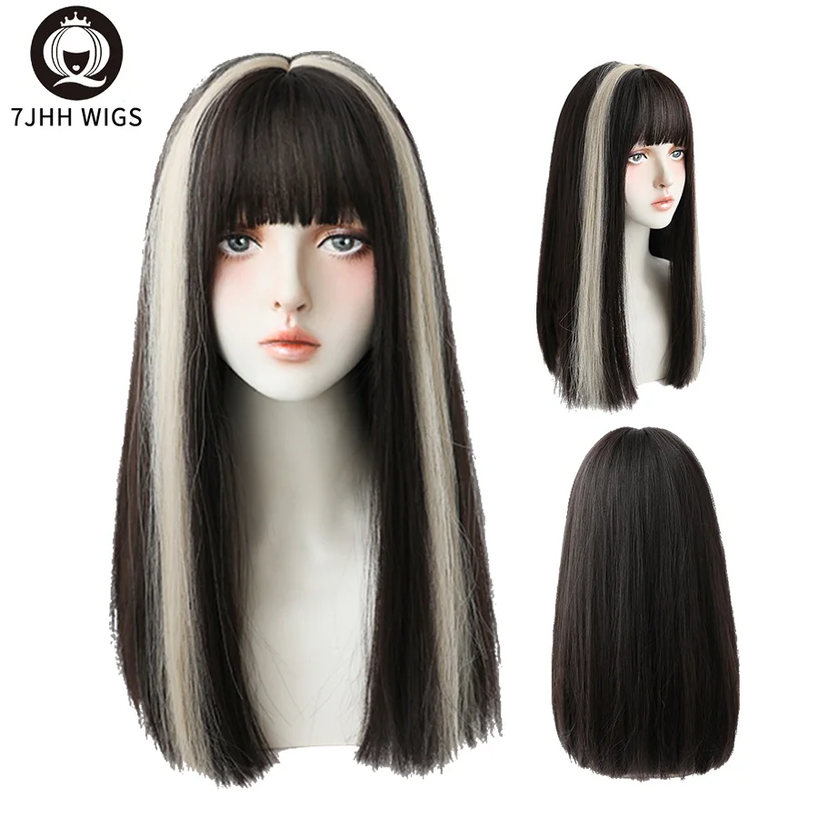 

7JHH WIGS Highlighted Blonde Black Yaki Long Straight Hair With Bangs Synthetic Wigs For Girls Latest Fashion Hairstyles