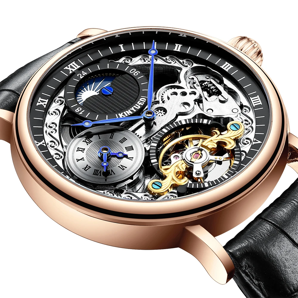 KINYUED Dual Time Zone Mechanical Watch Men Leather Automatic Tourbillon Watches Waterproof Luminous Hands Skeleton Wristwatch
KINYUED Dual Time Zone Mechanical Watch Men Leather Automatic Tourbillon Watches Waterproof Luminous Hands Skeleton Wristwatch