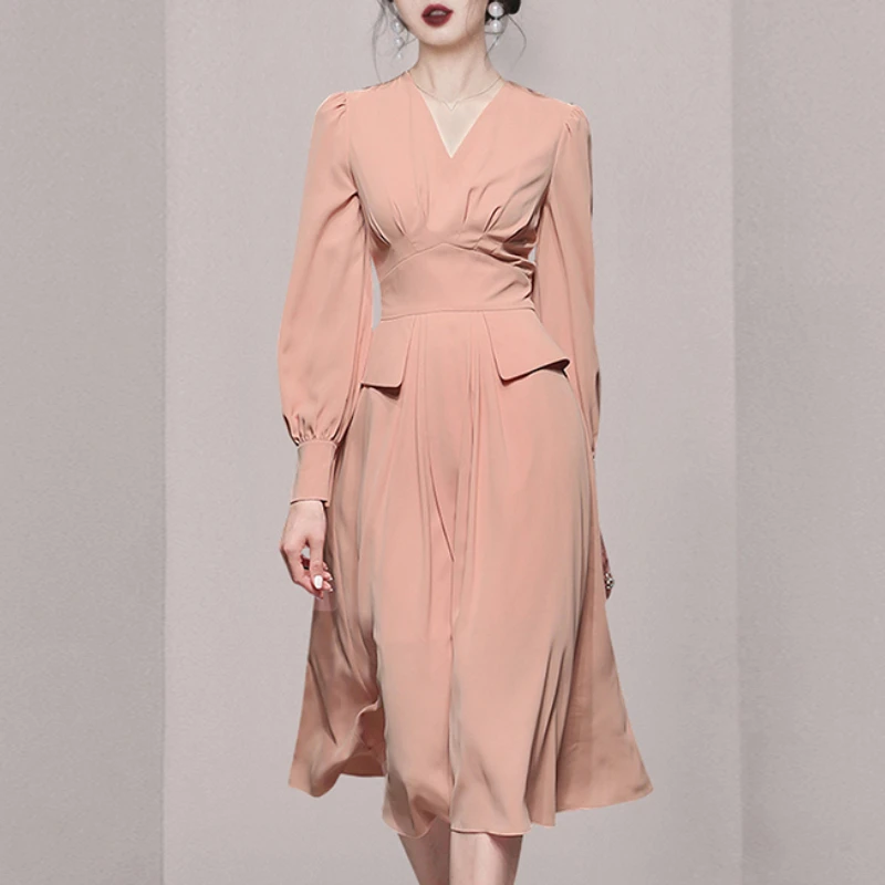 Elegant V-Neck High Waist Slim Women's Party Dress Lantern Sleeve A Line Midi Pink Vestidos Office Lady Spring Autumn Clothing
Elegant V-Neck High Waist Slim Women's Party Dress Lantern Sleeve A Line Midi Pink Vestidos Office Lady Spring Autumn Clothing