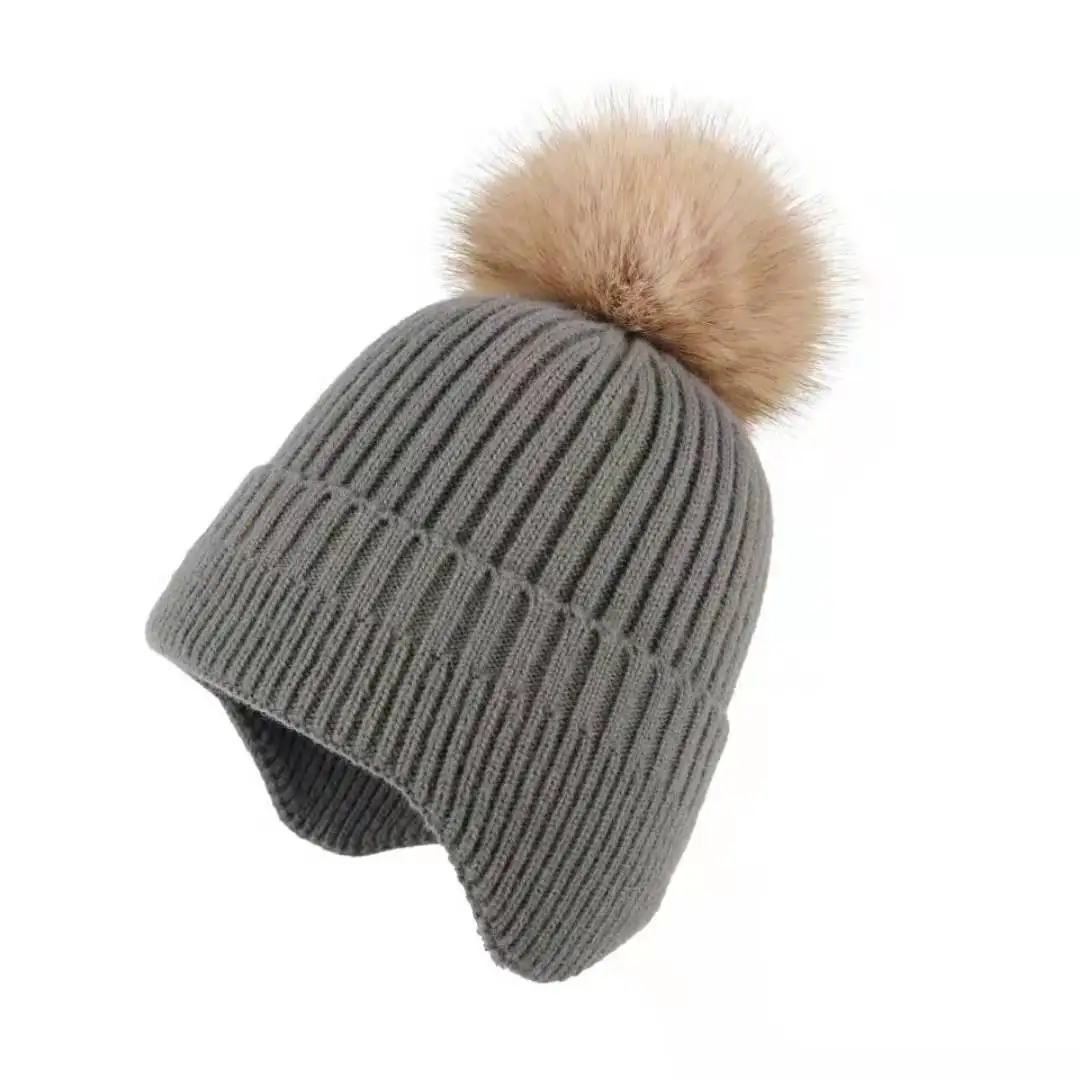 

Женская шерстяная шапка, однотонная теплая вязаная шапка с имитацией меха енота и шапка-протектор для ушей, Осень-зима