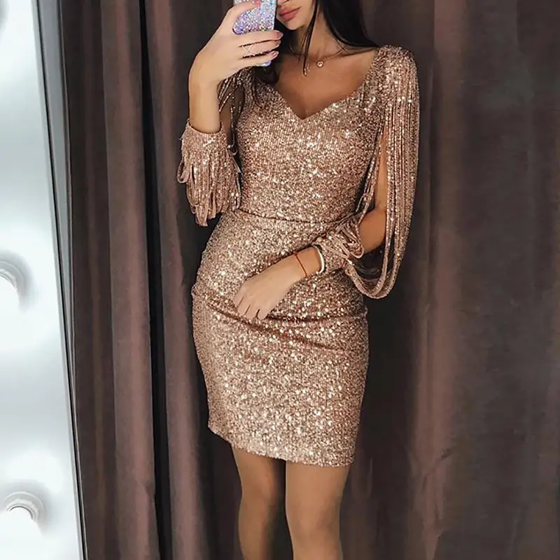 Sexy Women Dress Sequins Glitter Sparkle Deep V Neck Sequins Tassel Long Sleeves Short Mini Evening Party Wrap Hip Package Dress 
Sexy Women Dress Sequins Glitter Sparkle Deep V Neck Sequins Tassel Long Sleeves Short Mini Evening Party Wrap Hip Package Dress